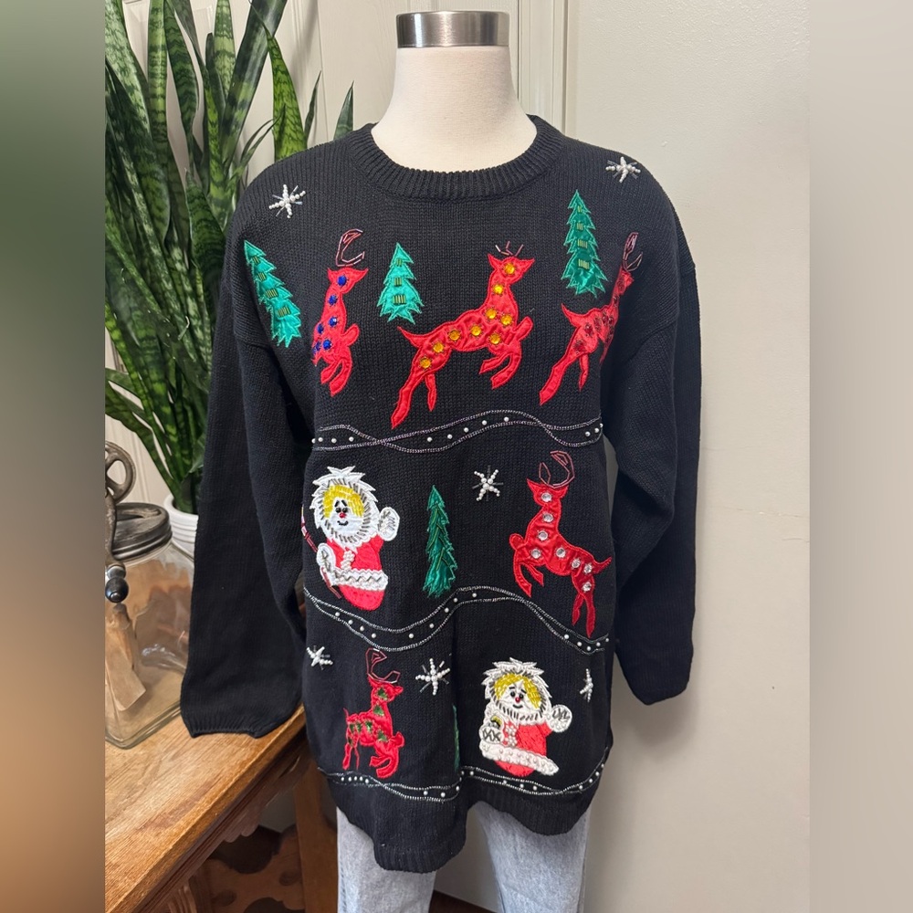 Vintage Santa Snowperson Beaded Christmas Sweater 90s‎ large